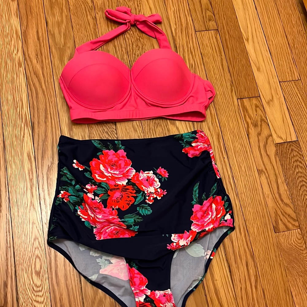 High waist two piece bathing suit pink navy  and flowers
